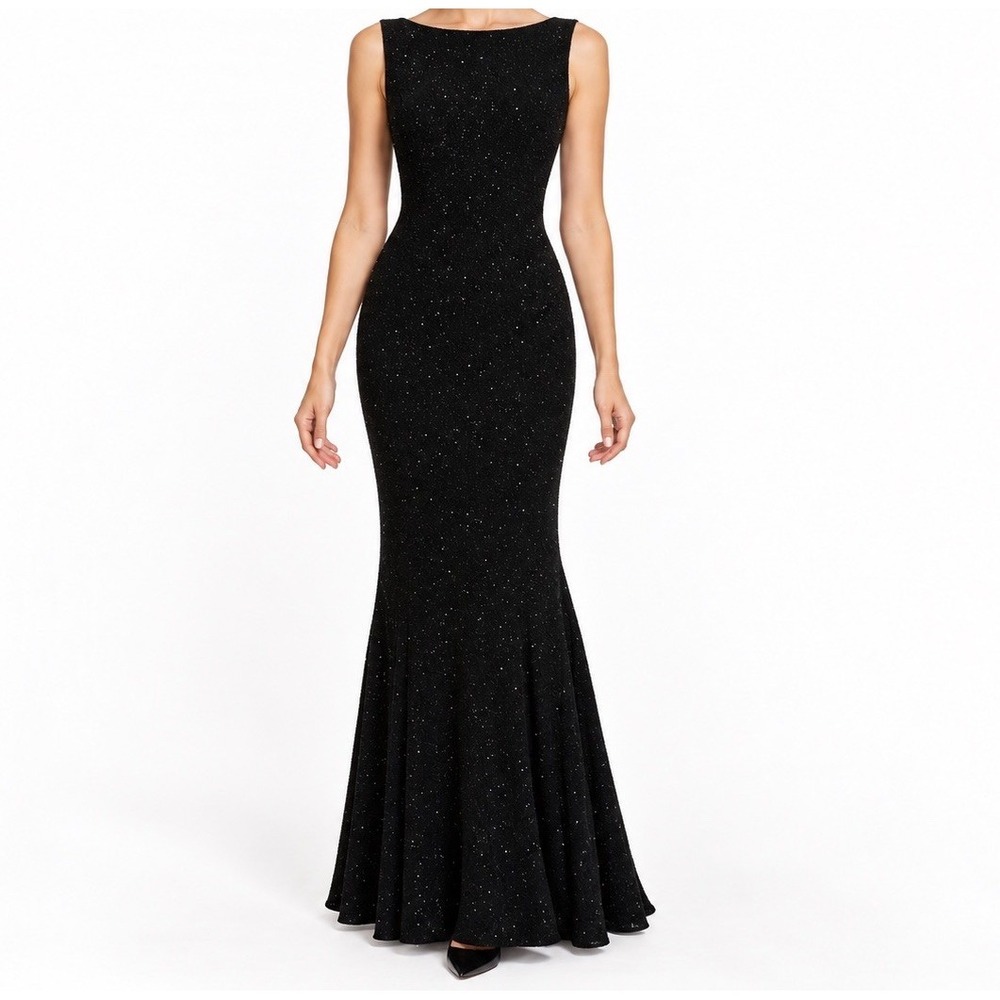 Jessica McClintock Dress Gown 2 Black Stretch Sparkle Deep V Backless Glam Femme
